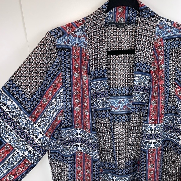 Tahari sz S/M Boho Floral Paisley Sheer Blue Red Lightweight Kimono Jacket - Picture 2 of 6